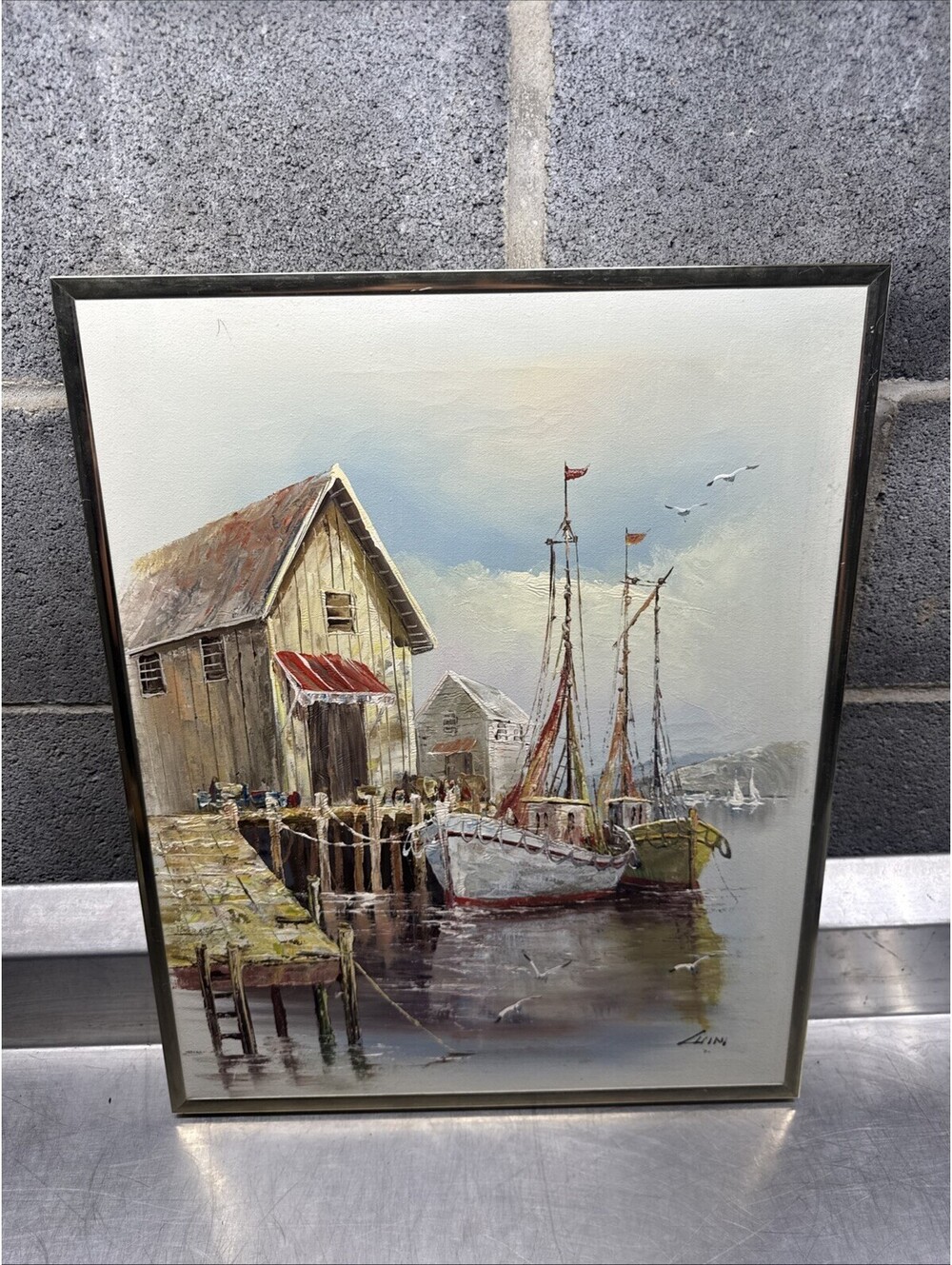 Signed LUINI Painting Fishing Boats Harbor Seascape ART Oil on Canvas Framed